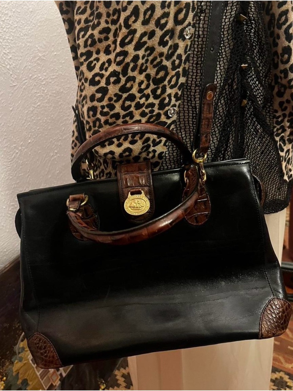 Brahmin Tuscan Vintage Satchel in Black & Pecan Croc-Embossed Leather